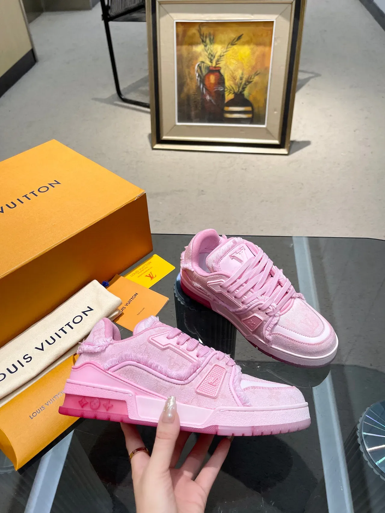 Louis Vuitton LV Trainer Pink White Monogram Jacquard Upper Frayed Textile Edges Lifestyle Sneakers 8