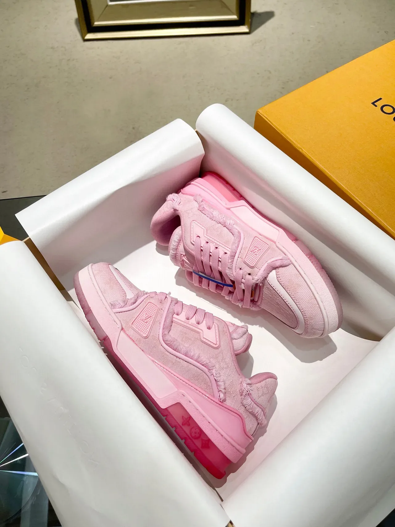 Louis Vuitton LV Trainer Pink White Monogram Jacquard Upper Frayed Textile Edges Lifestyle Sneakers 9