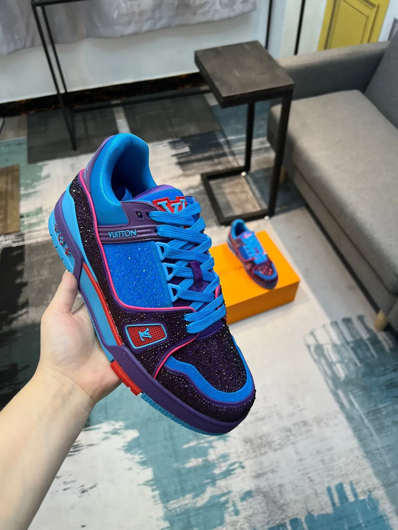 Louis Vuitton LV Trainer Sneakers Lifestyle Morado Azul Paillettes Haut Bloqué Couleur Superpositions 6