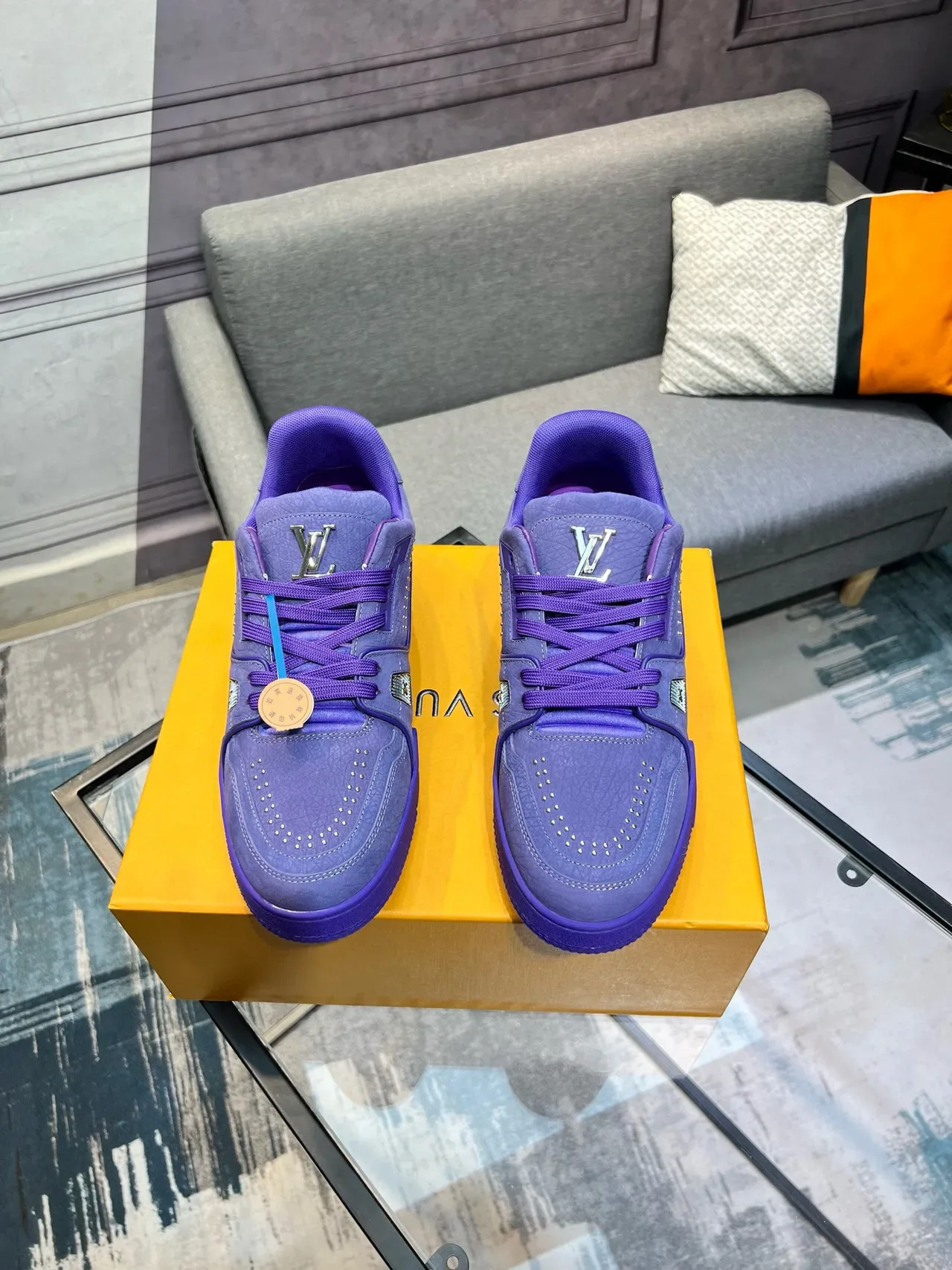 Louis Vuitton LV Trainer Purple Monochromatic Leather Perforated Detailing Lifestyle Sneakers 2