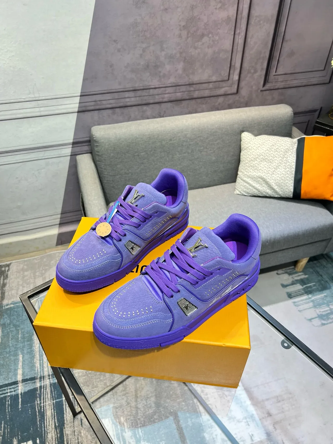 Louis Vuitton LV Trainer Purple Monochromatic Leather Perforated Detailing Lifestyle Sneakers 3