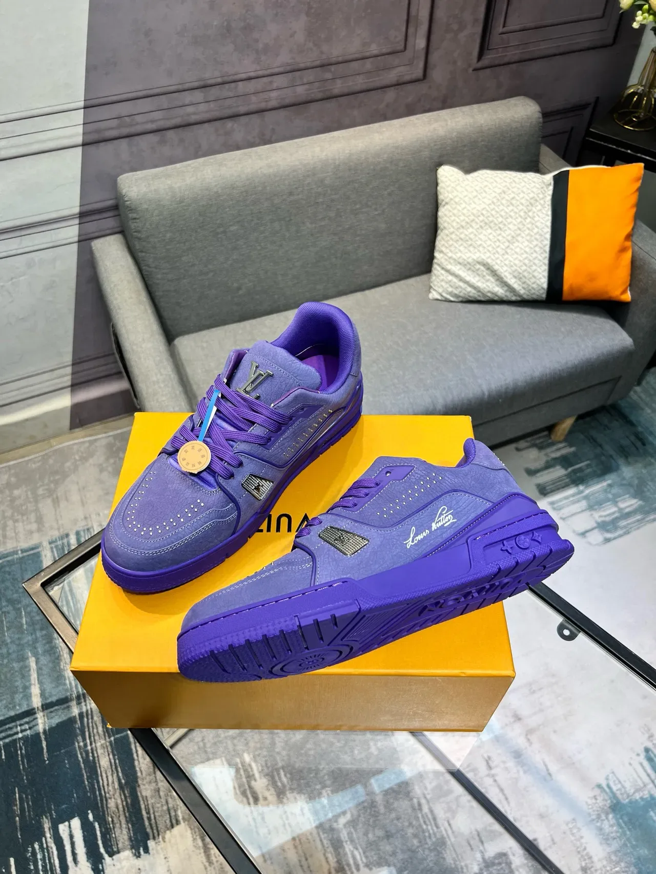 Louis Vuitton LV Trainer Purple Monochromatic Leather Perforated Detailing Lifestyle Sneakers 4