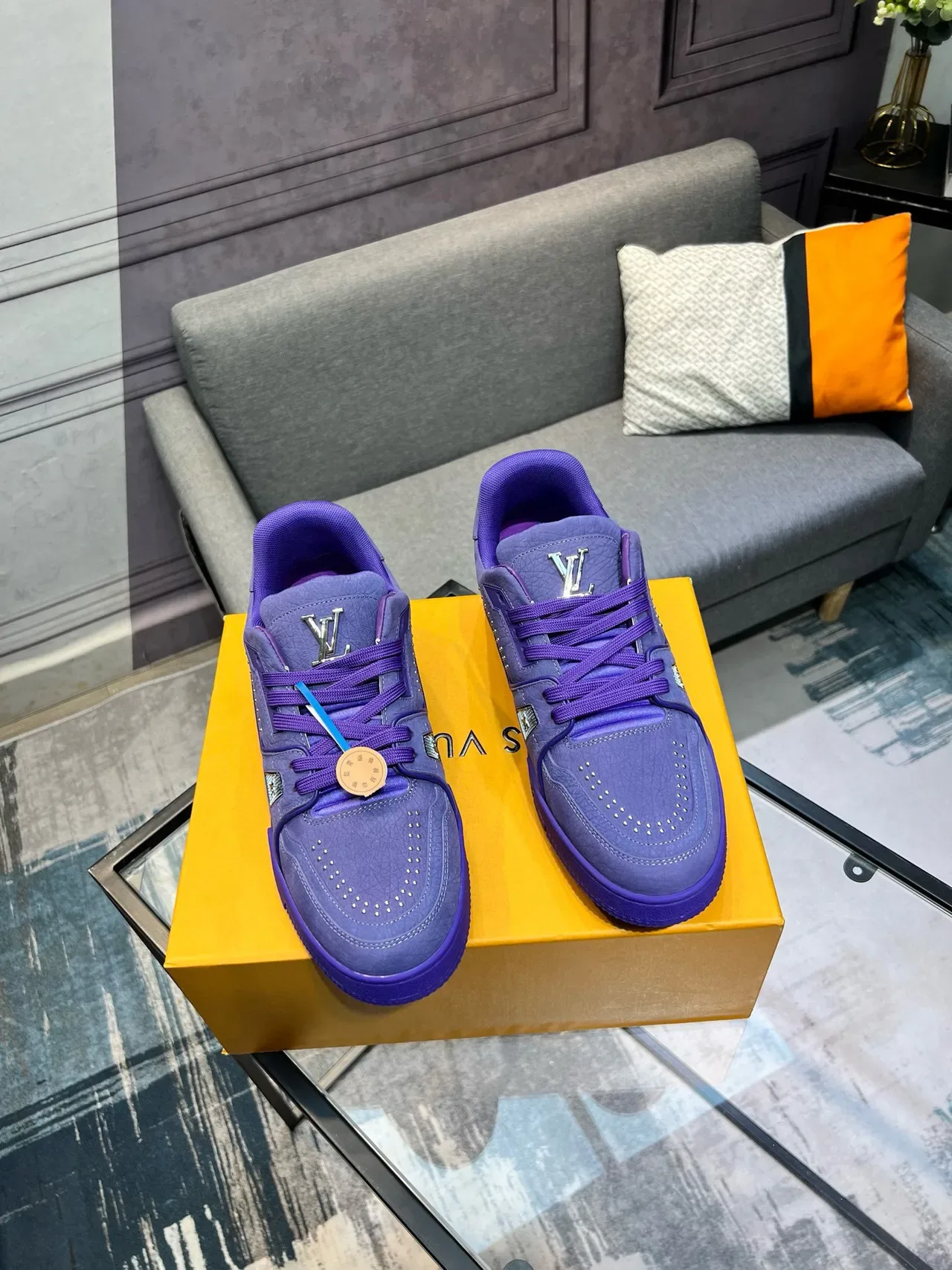 Louis Vuitton LV Trainer Purple Monochromatic Leather Perforated Detailing Lifestyle Sneakers 5