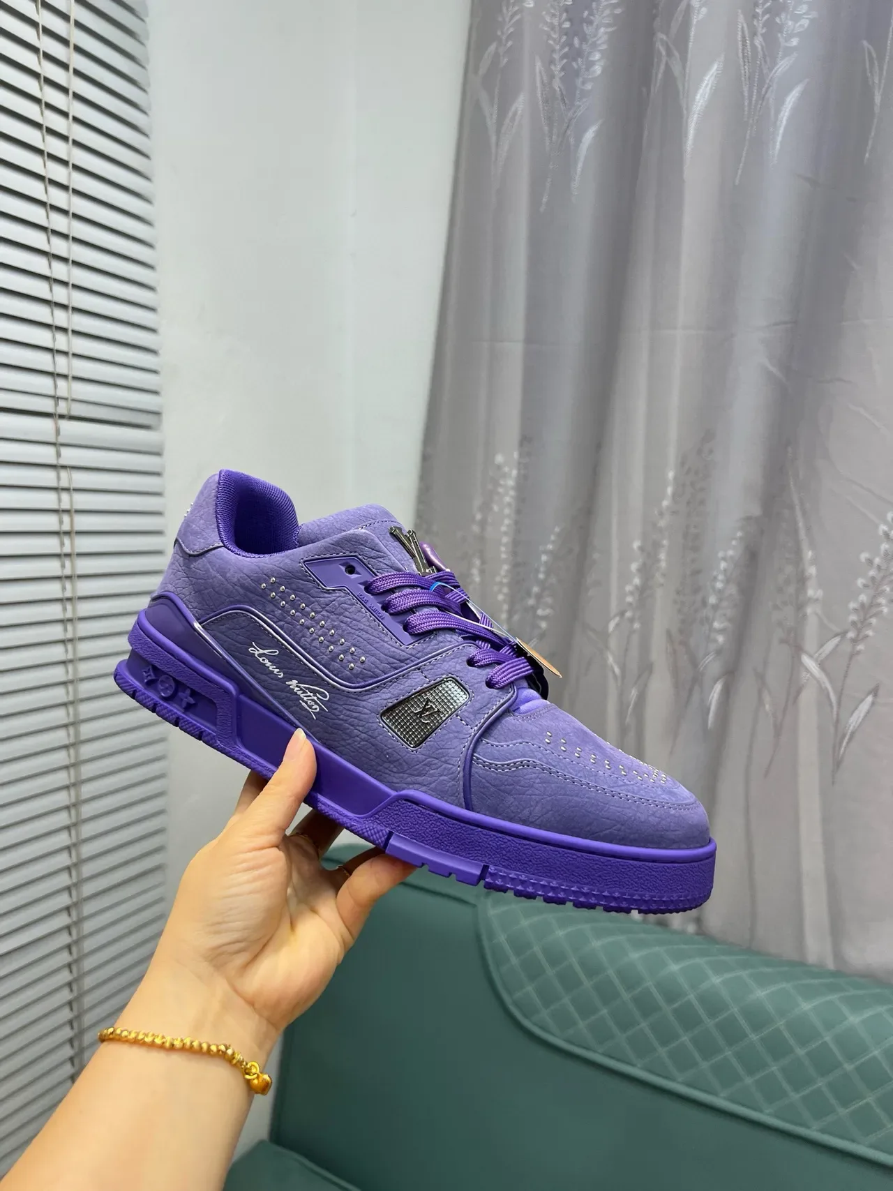 Louis Vuitton LV Trainer Purple Monochromatic Leather Perforated Detailing Lifestyle Sneakers 6