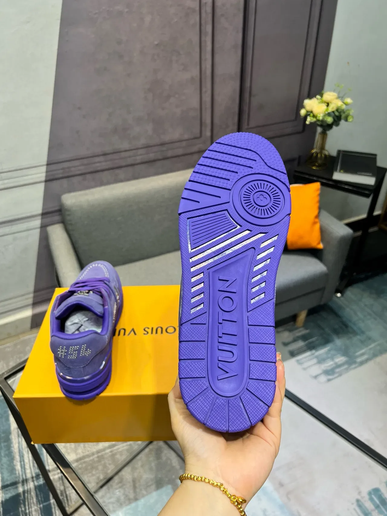 Louis Vuitton LV Trainer Purple Monochromatic Leather Perforated Detailing Lifestyle Sneakers 7