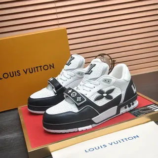 Louis Vuitton LV Trainer Blanco y Negro Cuero Perforado Parte Superior Cierre de Doble Correa Zapatillas Lifestyle