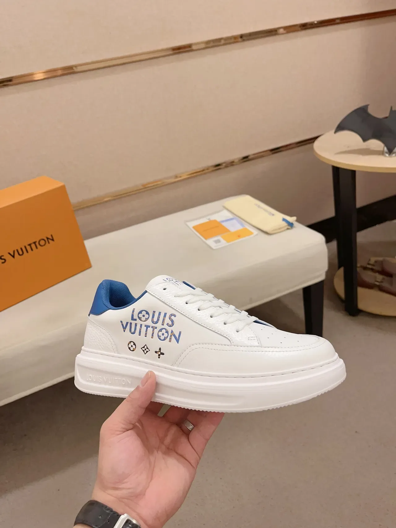 Louis Vuitton LV Trainer White Blue Leather Upper Bold Side Branding Lifestyle Sneakers 4