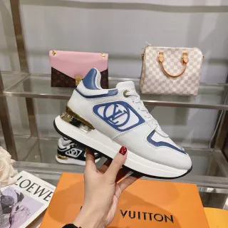 Louis Vuitton LV Trainer White Blue Monogrammed Side Panel Gold Metallic Heel Counter Lifestyle Sneakers