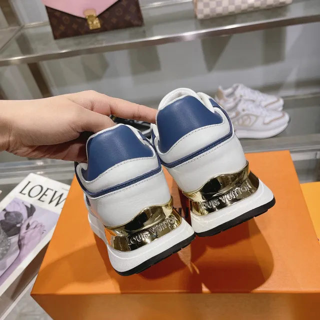 Louis Vuitton LV Trainer White Blue Monogrammed Side Panel Gold Metallic Heel Counter Lifestyle Sneakers 9