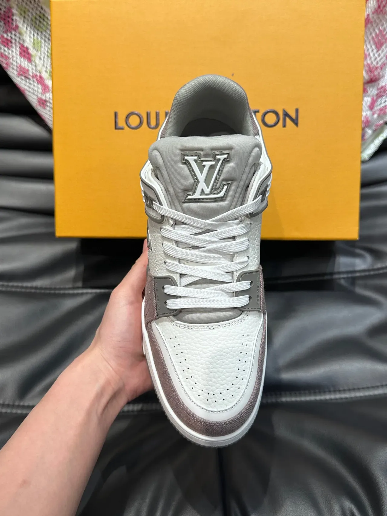 Louis Vuitton LV Trainer White Gray Low-Top Layered Leather-Suede Construction Sneakers 4