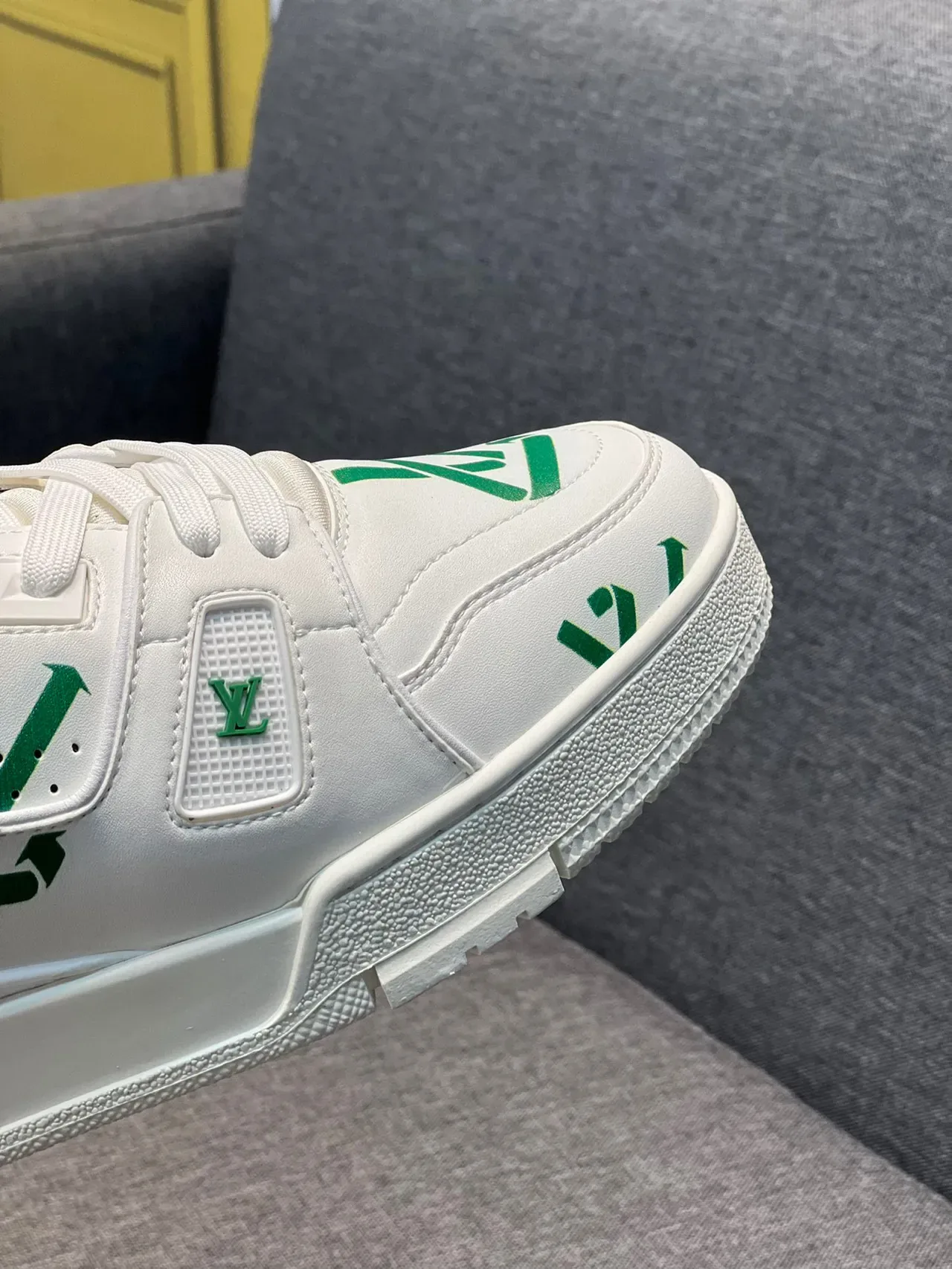 Louis Vuitton LV Trainer White Green Monogram-Print Leather Sculpted Midsole Lifestyle Sneakers 3