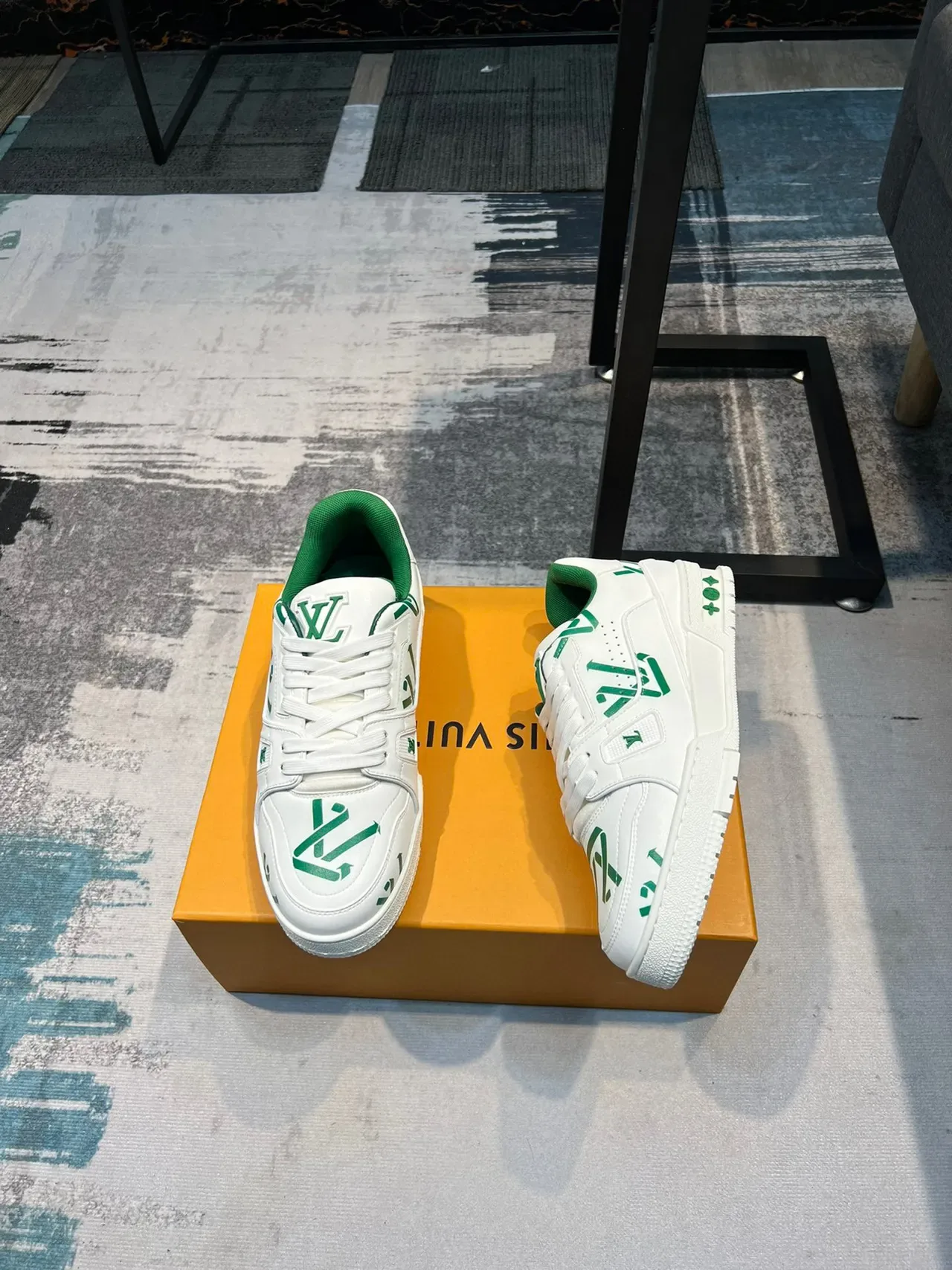 Louis Vuitton LV Trainer White Green Monogram-Print Leather Sculpted Midsole Lifestyle Sneakers 4