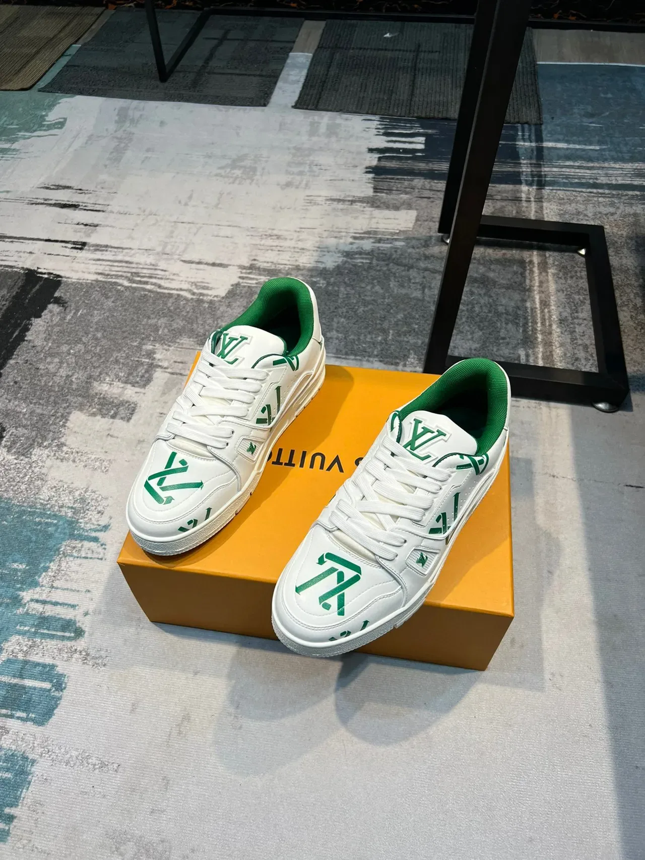 Louis Vuitton LV Trainer White Green Monogram-Print Leather Sculpted Midsole Lifestyle Sneakers 5