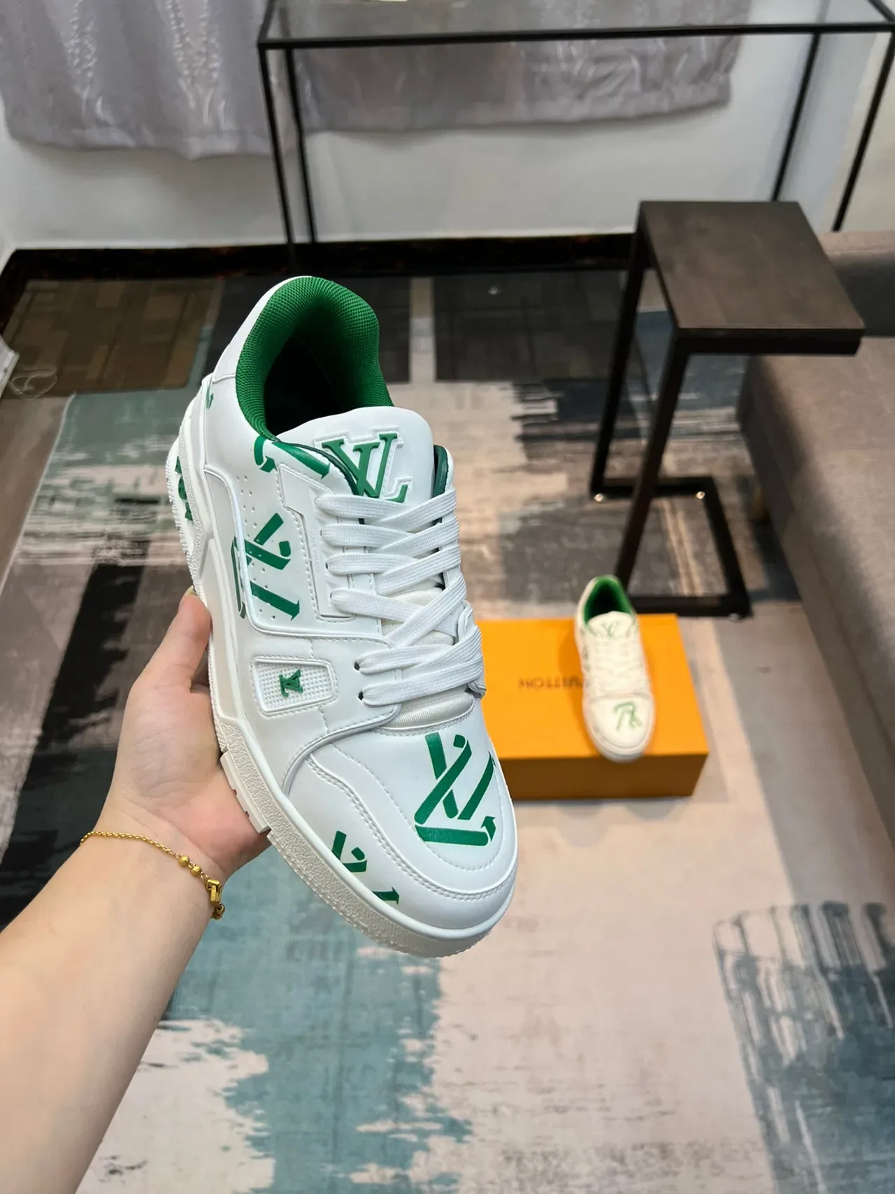 Louis Vuitton LV Trainer White Green Monogram-Print Leather Sculpted Midsole Lifestyle Sneakers 6