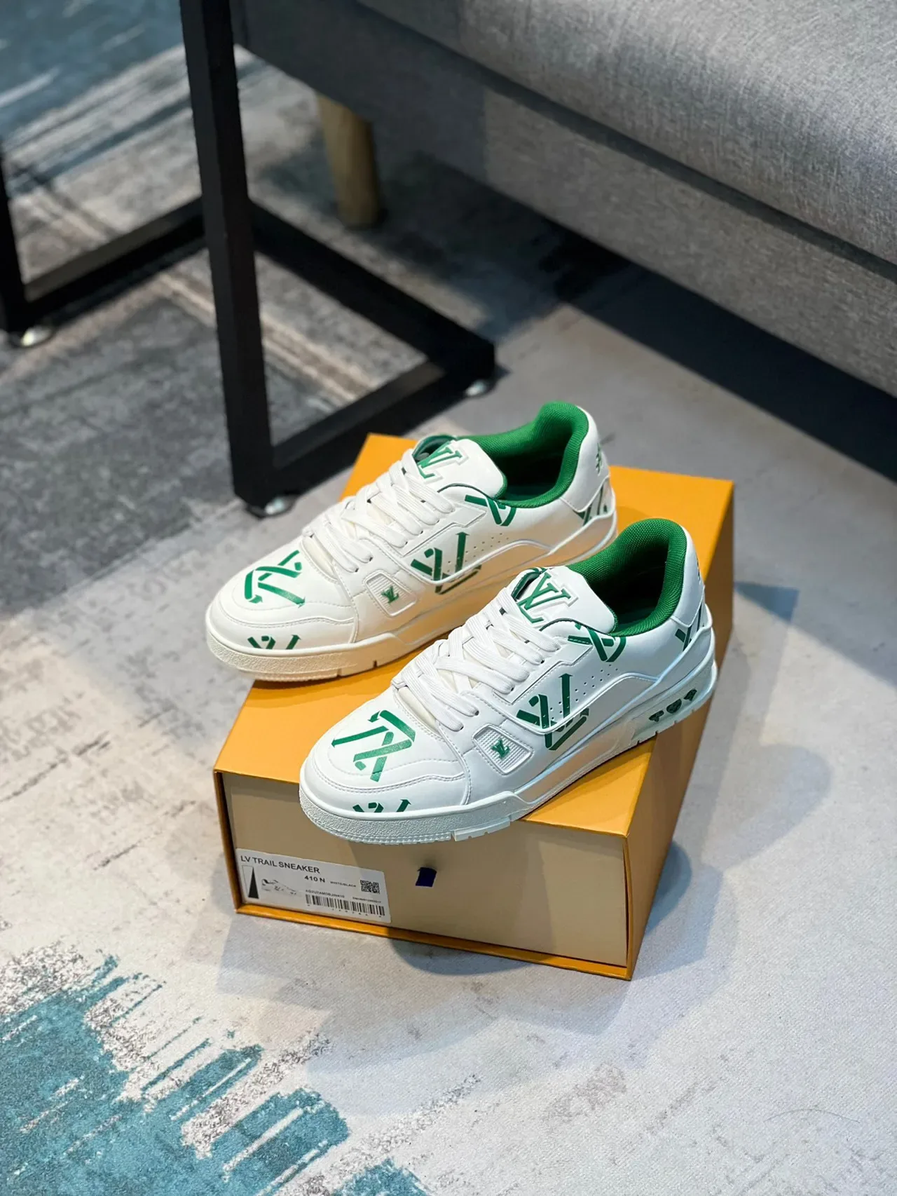 Louis Vuitton LV Trainer White Green Monogram-Print Leather Sculpted Midsole Lifestyle Sneakers 7