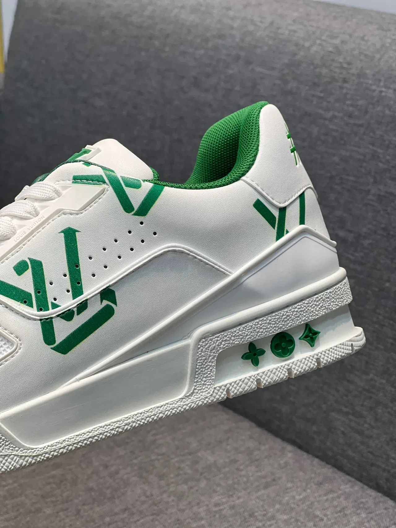 Louis Vuitton LV Trainer White Green Monogram-Print Leather Sculpted Midsole Lifestyle Sneakers 8