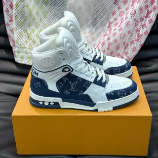 Louis Vuitton LV Trainer White Navy High-Top Monogram Canvas Lifestyle Sneakers