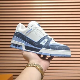 Louis Vuitton LV Trainer White Navy Monogrammed Textile Layered Midsole Lifestyle Sneakers