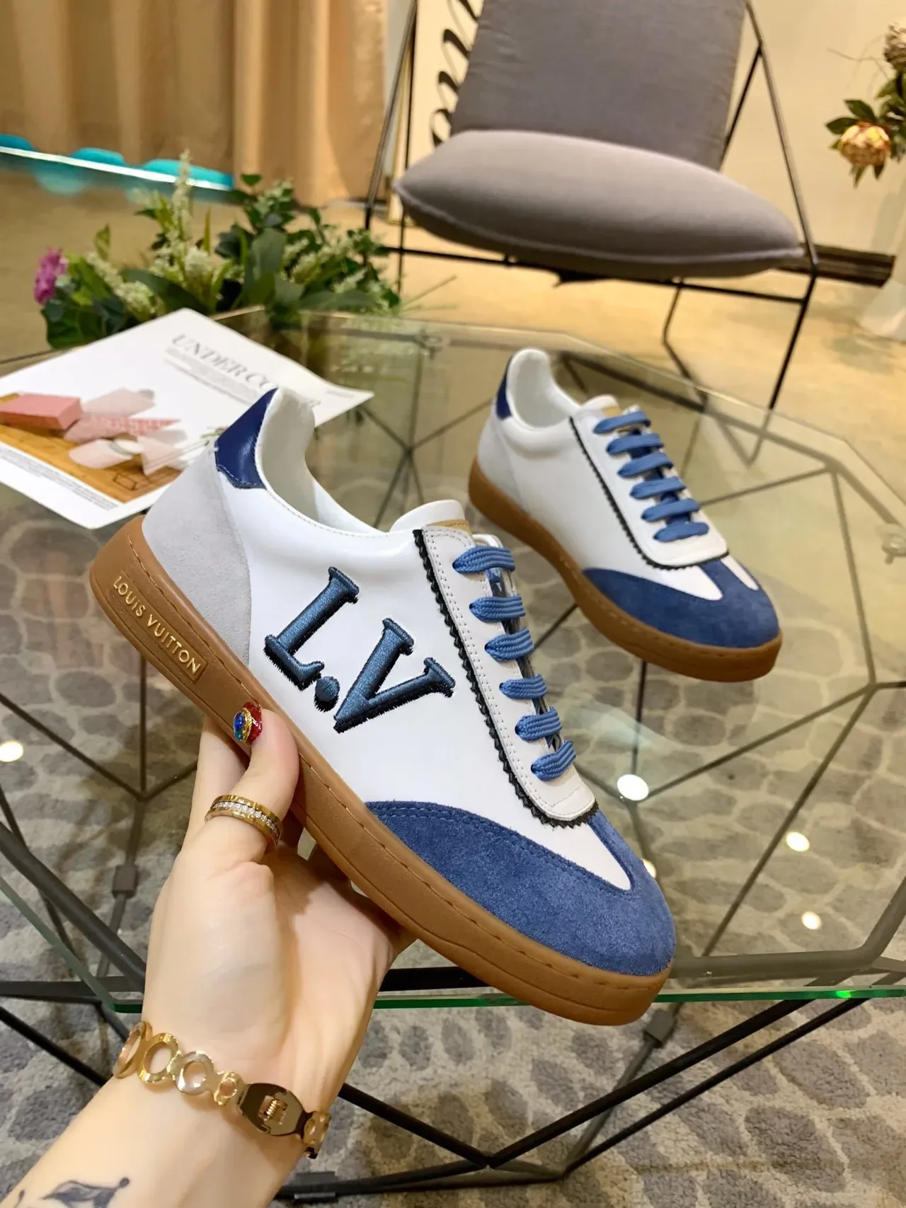 Louis Vuitton LV Trainer White Navy Two-Tone Suede And Leather Embroidered Monogram Lifestyle Sneakers 2