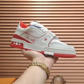Louis Vuitton LV Trainer Branco Vermelho Sola Em Camadas Script Cursivo Marca Lifestyle Tênis