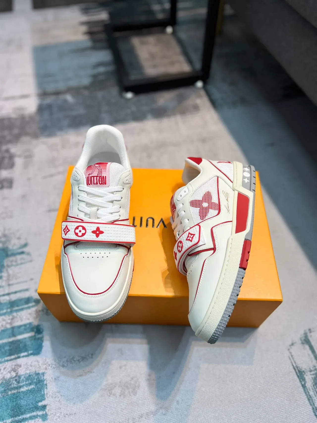 Louis Vuitton LV Trainer White Red Low-Top Monogrammed Strap Lifestyle Sneakers 3