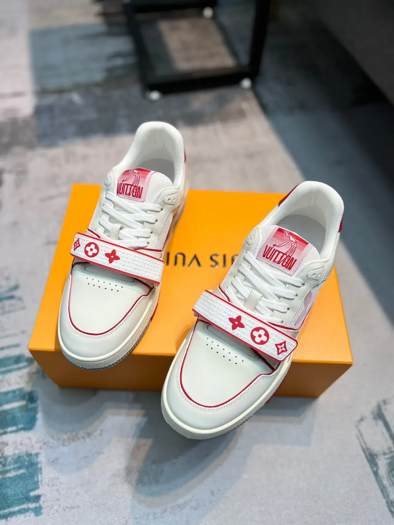 Louis Vuitton LV Trainer White Red Low-Top Monogrammed Strap Lifestyle Sneakers 5
