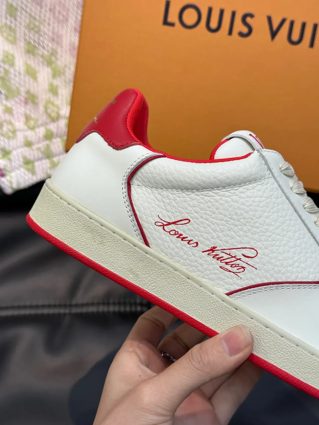 Louis Vuitton LV Trainer White Red Pebbled Leather Contrast Piping Lifestyle Sneakers 5