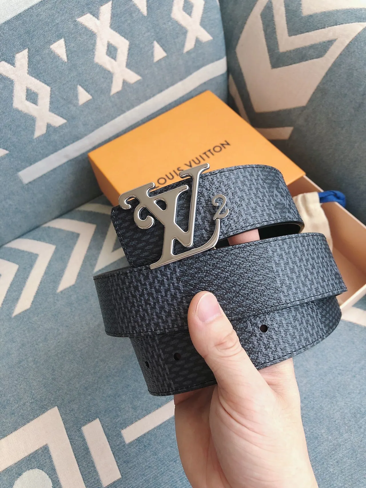 Louis Vuitton LV² Belt Dark Blue Textured Leather Belt 6