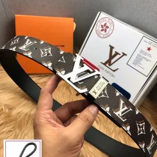 Louis Vuitton Monogram Belt Brown White Canvas Silver-Tone LV-Turn Buckle Leather Belt