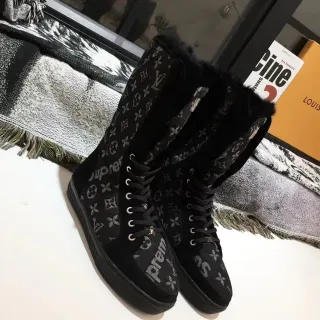 Louis Vuitton Monogram Canvas Shearling-Cuff Knee Boots