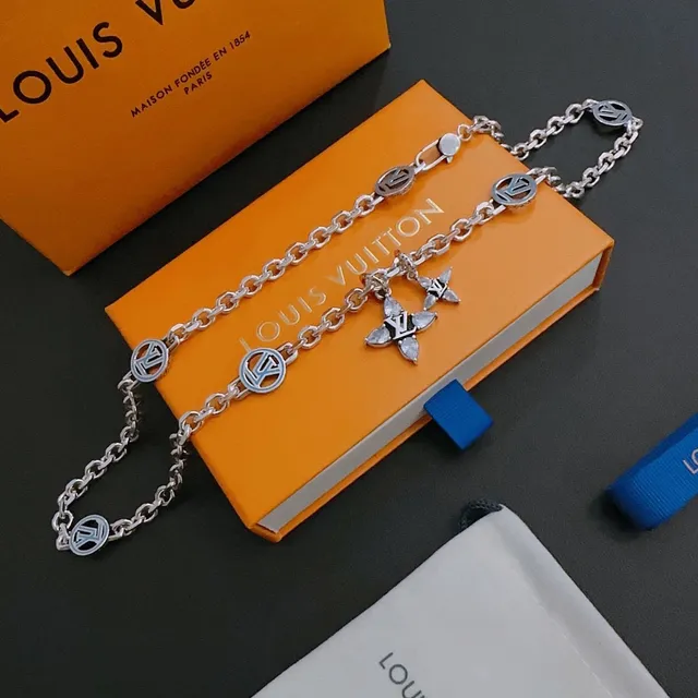 Louis Vuitton Monogram Chain Silver Crystal Floral Necklace 3