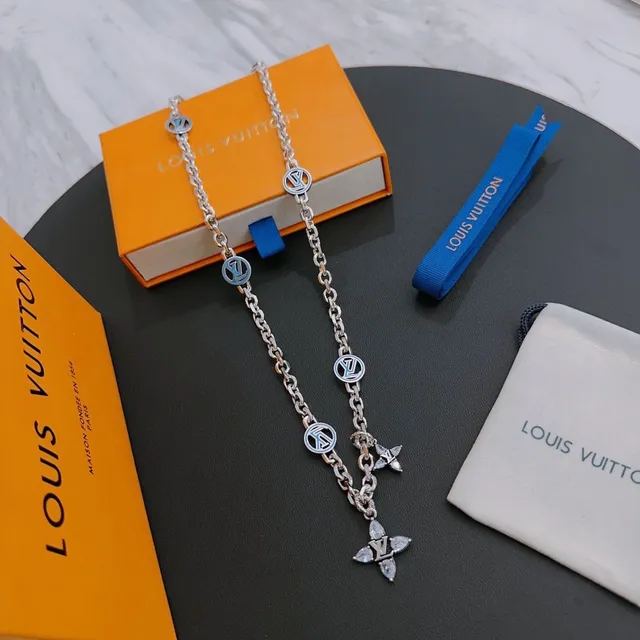 Louis Vuitton Monogram Chain Silver Crystal Floral Necklace 5