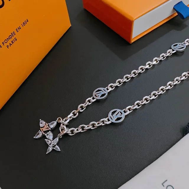 Louis Vuitton Monogram Chain Silver Crystal Floral Necklace 6