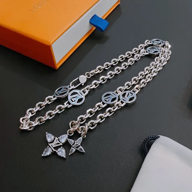 Louis Vuitton Monogram Chain Silver Crystal Floral Necklace 8
