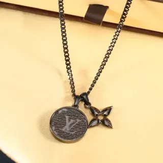 Louis Vuitton Monogram Coin and Flower Pendant Black Chain Necklace