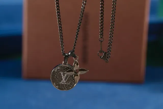 Louis Vuitton Monogram Coin and Flower Pendant Black Chain Necklace 3