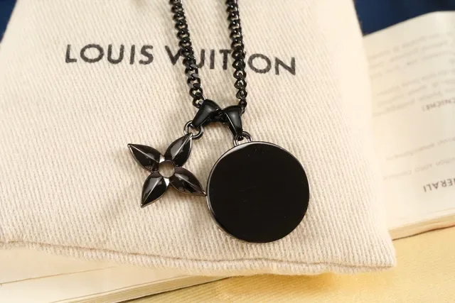 Louis Vuitton Monogram Coin and Flower Pendant Black Chain Necklace 6