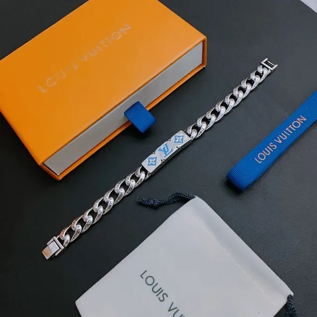 Louis Vuitton Monogram Curb Chain Silver and Blue Enamel Bracelet 5