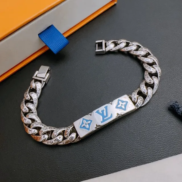 Louis Vuitton Monogram Curb Chain Silver and Blue Enamel Bracelet 6