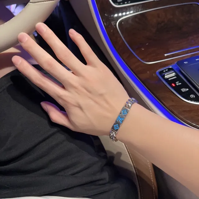 Louis Vuitton Monogram Curb Chain Silver and Blue Enamel Bracelet 7