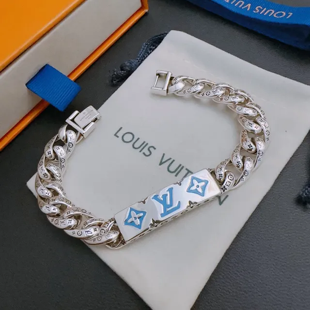 Louis Vuitton Monogram Curb Chain Silver and Blue Enamel Bracelet 8