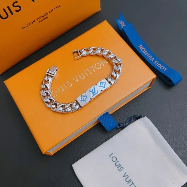 Louis Vuitton Monogram Curb Chain Silver and Blue Enamel Bracelet 9