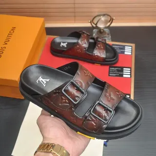 Louis Vuitton Monogram Embossed Brown and Black Double-Buckle Slide Casual Sandals
