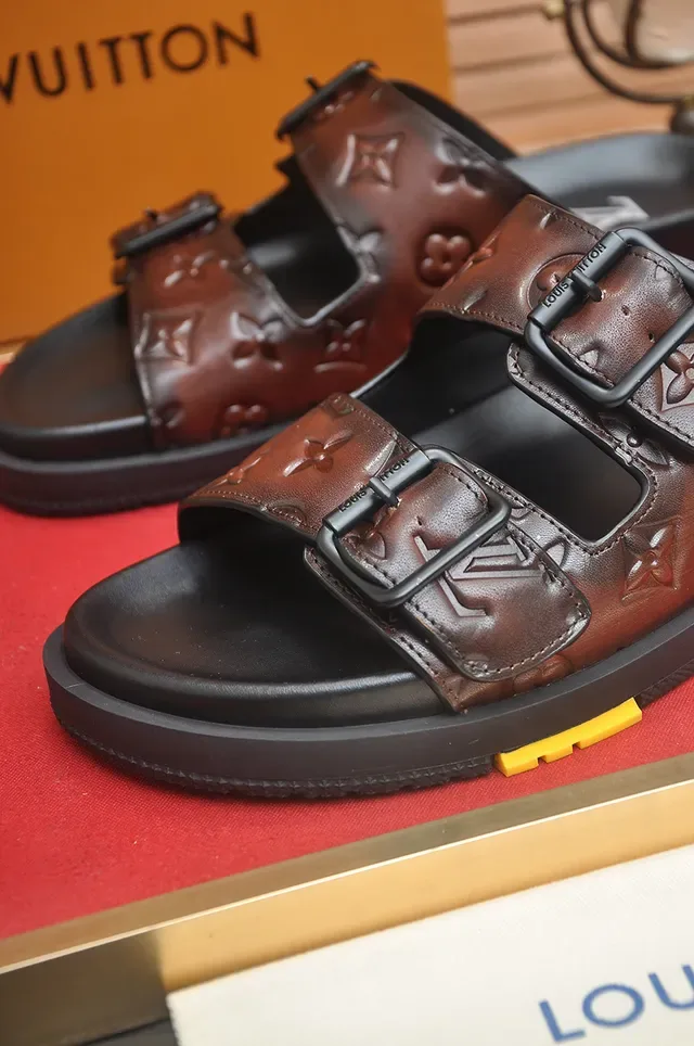 Louis Vuitton Monogram Embossed Brown and Black Double-Buckle Slide Casual Sandals 2