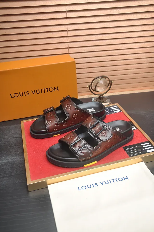 Louis Vuitton Monogram Embossed Brown and Black Double-Buckle Slide Casual Sandals 4
