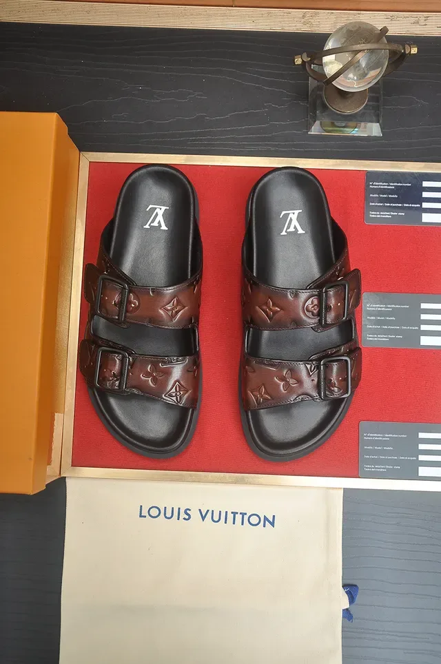 Louis Vuitton Monogram Embossed Brown and Black Double-Buckle Slide Casual Sandals 5