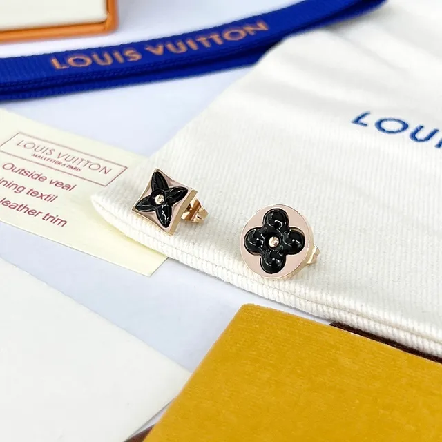 Louis Vuitton Monogram Flower Black Enamel Gold-Tone Stud Earrings 5