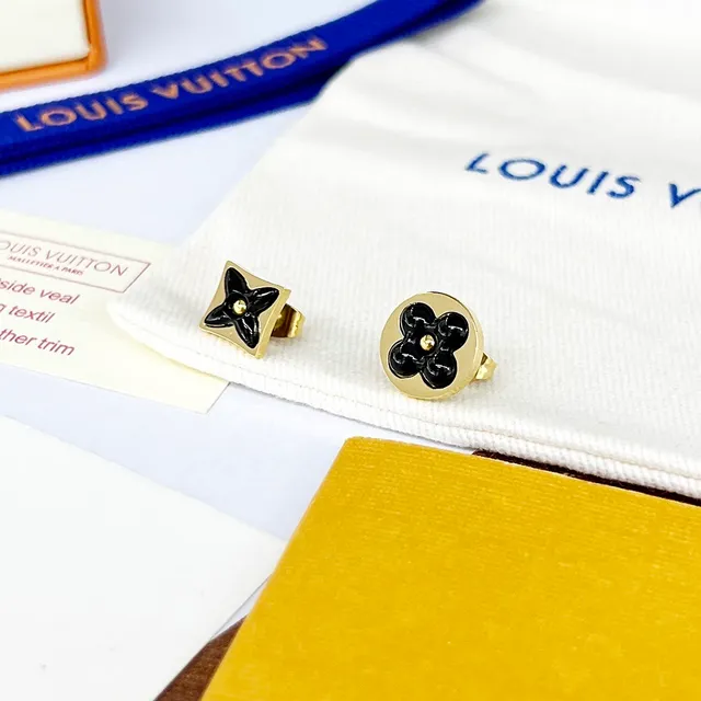 Louis Vuitton Monogram Flower Black Enamel Gold-Tone Stud Earrings 7