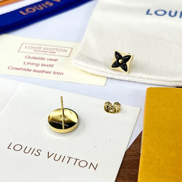 Louis Vuitton Monogram Flower Black Enamel Gold-Tone Stud Earrings 9