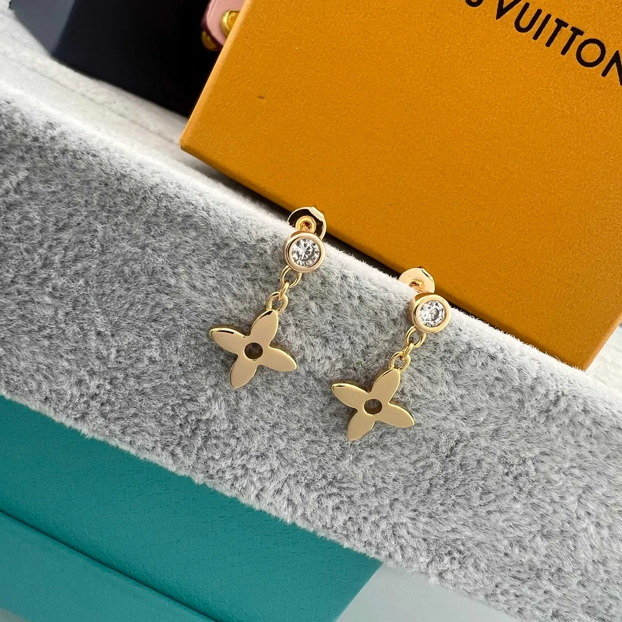 Louis Vuitton Monogram Flower Crystal Stud Dangling Earrings 3